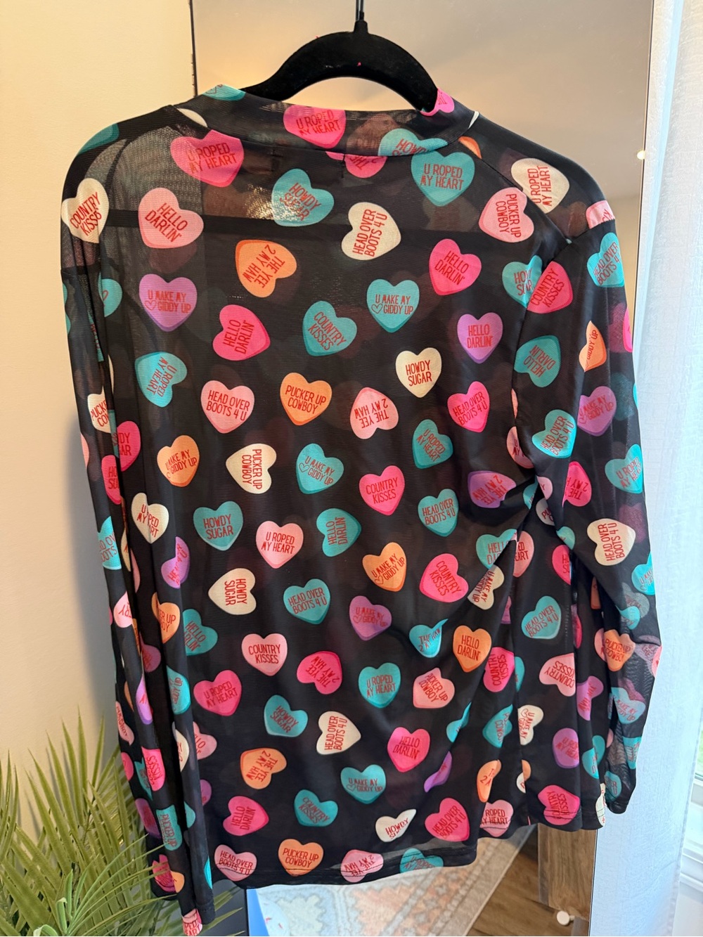 Women's Black Mesh Long-Sleeve Heart Print Blouse - Multicolor - Picture 3 of 3